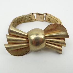 VINTAGE Bracelet Gold Metal Bow Retro Glam
